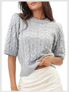 Zara Gray Cable Knit with Pearls and Puffy Sleeves